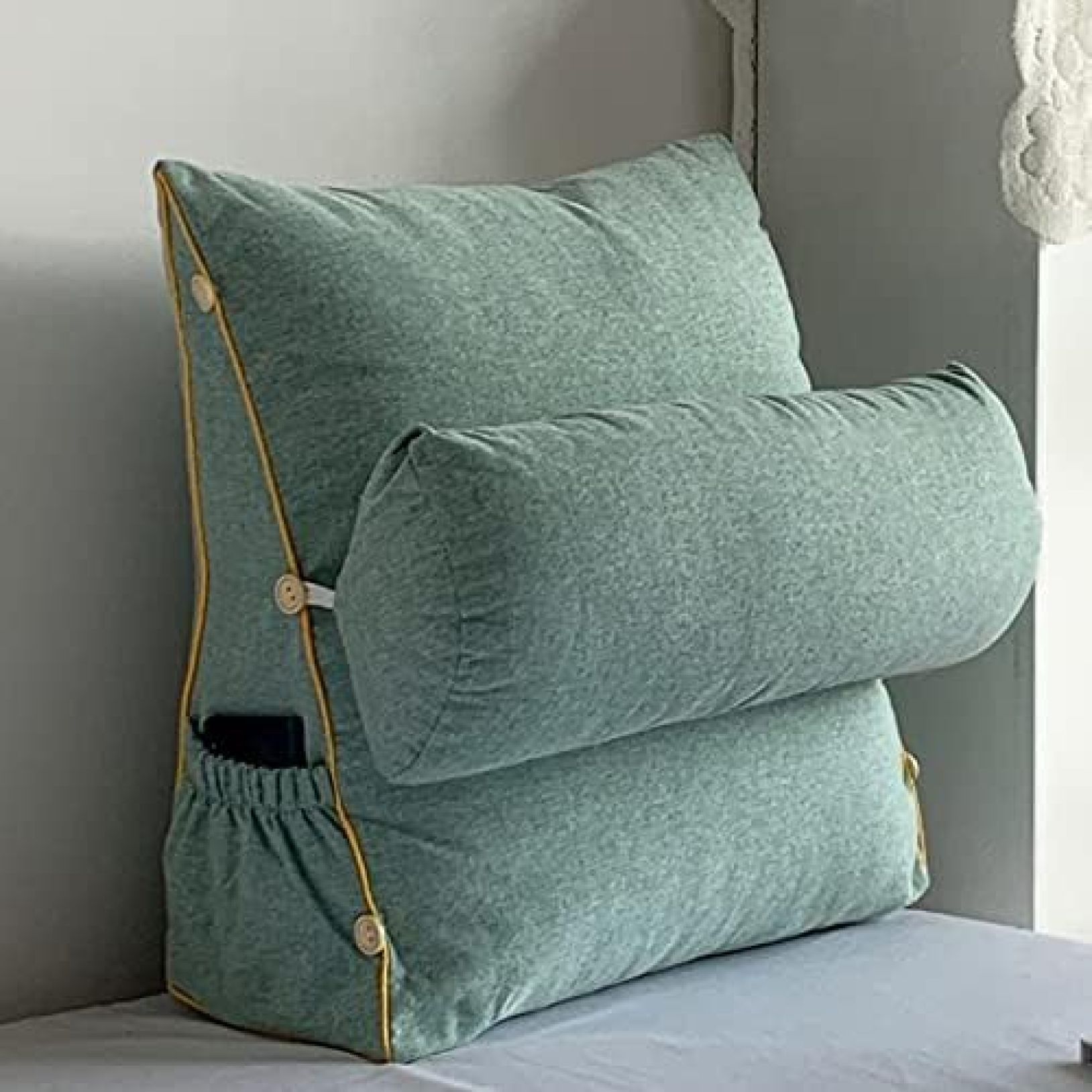 背もたれクッション ウェッジ枕 ベッド ヘッドボード ウェッジクッション 60*50*20cm サイドポケット 読書クッション 背当てクッション モダン シンプル 寮の客室用 グリーンA ゴロ寝 三角|大森麗萱