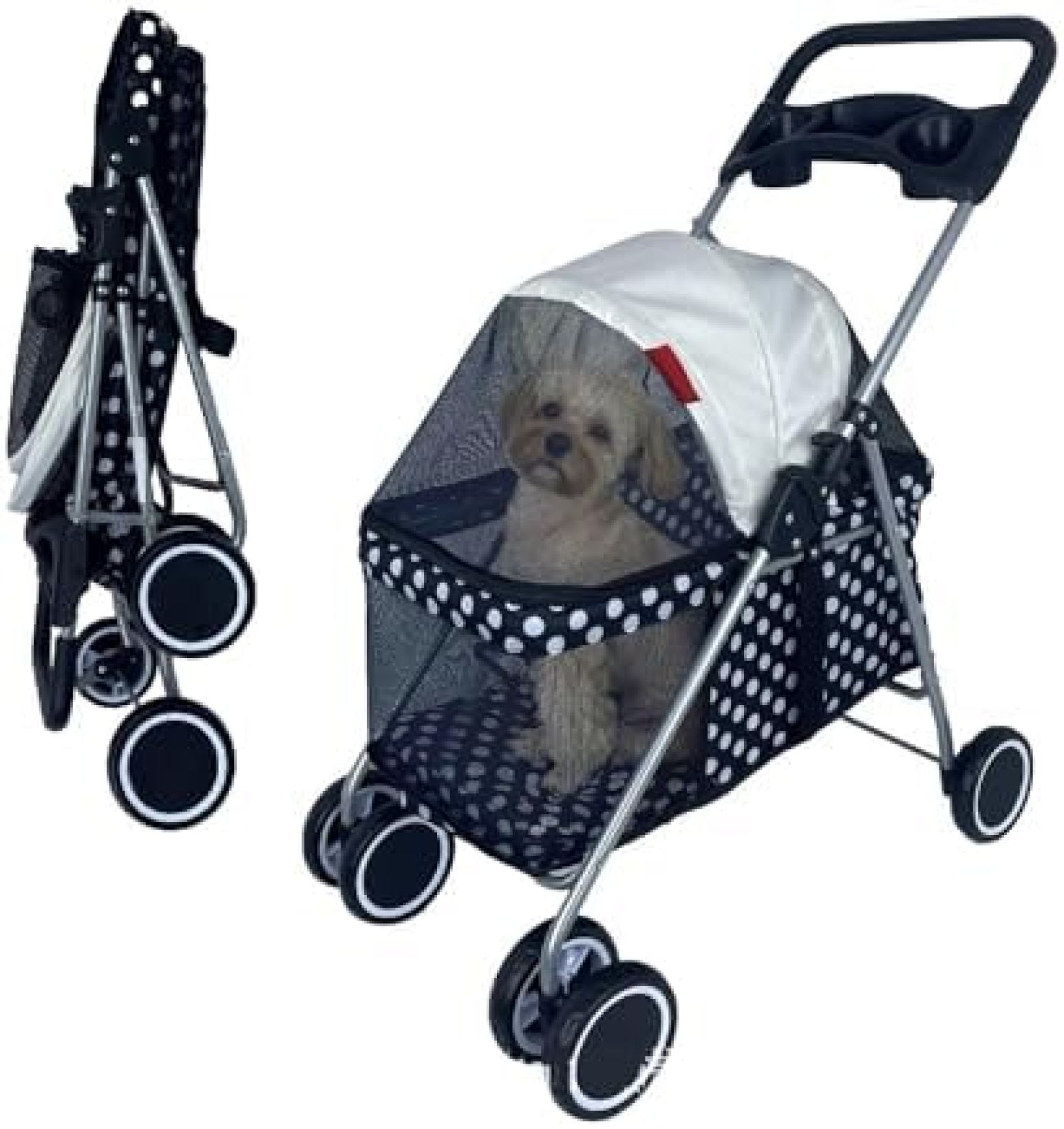 【20%OFFクーポン~】ペットカート ベビーカー 犬 猫 バギー 多頭 軽量ペットベビーカー 猫と犬屋外ポータブル折りたたみペットカート 車猫と犬小型ポータブル車ブラックドットパターン 旅行中の犬?猫のために|大森麗萱