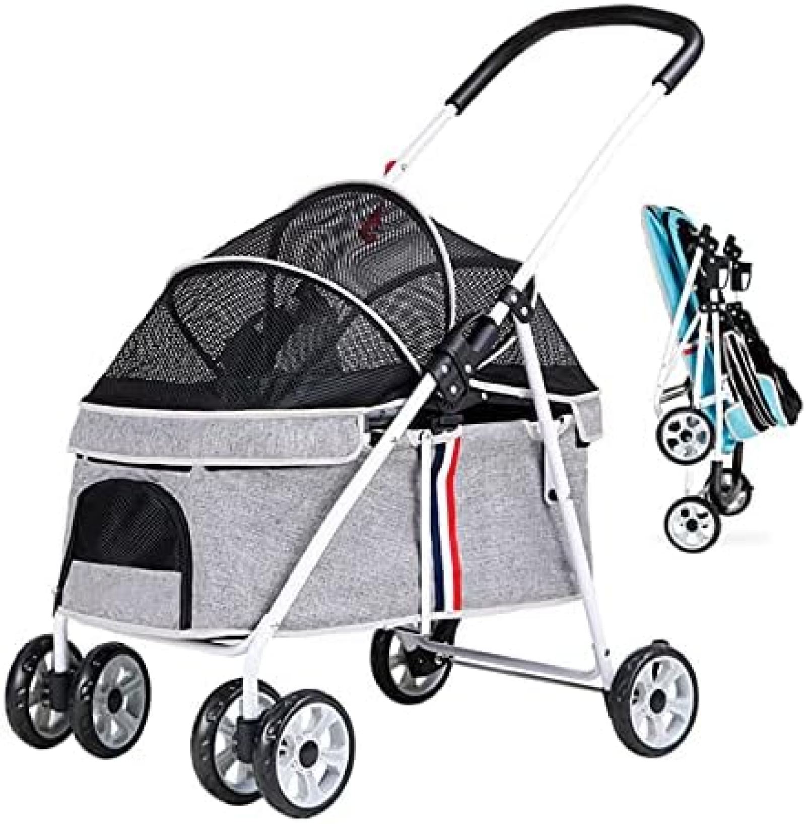 【20%OFFクーポン～】ペットカート ベビーカー 犬 猫 バギー 多頭 犬用ベビーカー4輪中型犬用小型犬用小さなポケット内蔵の安全ロープ軽量で折りたたみ可能な中型犬の外出やアウトドア製品40kg以内｜大森麗萱