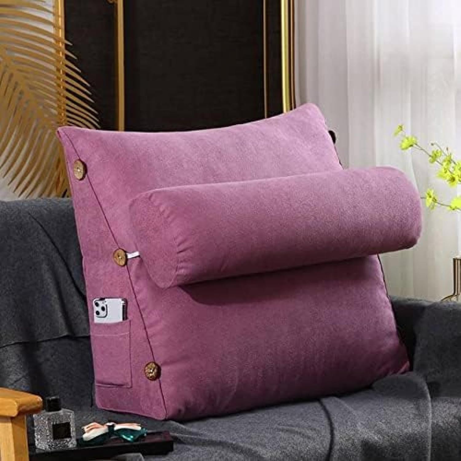 【25%OFFクーポン】ウェッジクッション クッション ベッドクッション 耐久性 柔軟性 45*45*20cm 三角ウェッジ枕 三角クッション 無地 サイドポケット シンプル ブラウンB モダン PPコットン リーディングピ