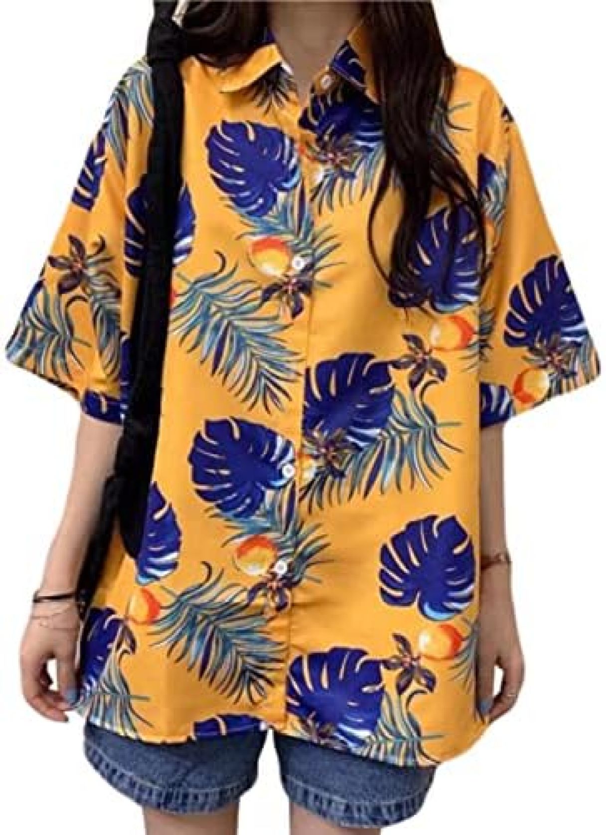 ハワイシャツ レディース シャツ 夏服 5分袖 アロハシャツ 大きいサイズ 半袖シャツ プリント柄 男女兼用 トップス 開襟シャツ ゆったり レトロ ファッション イエロー