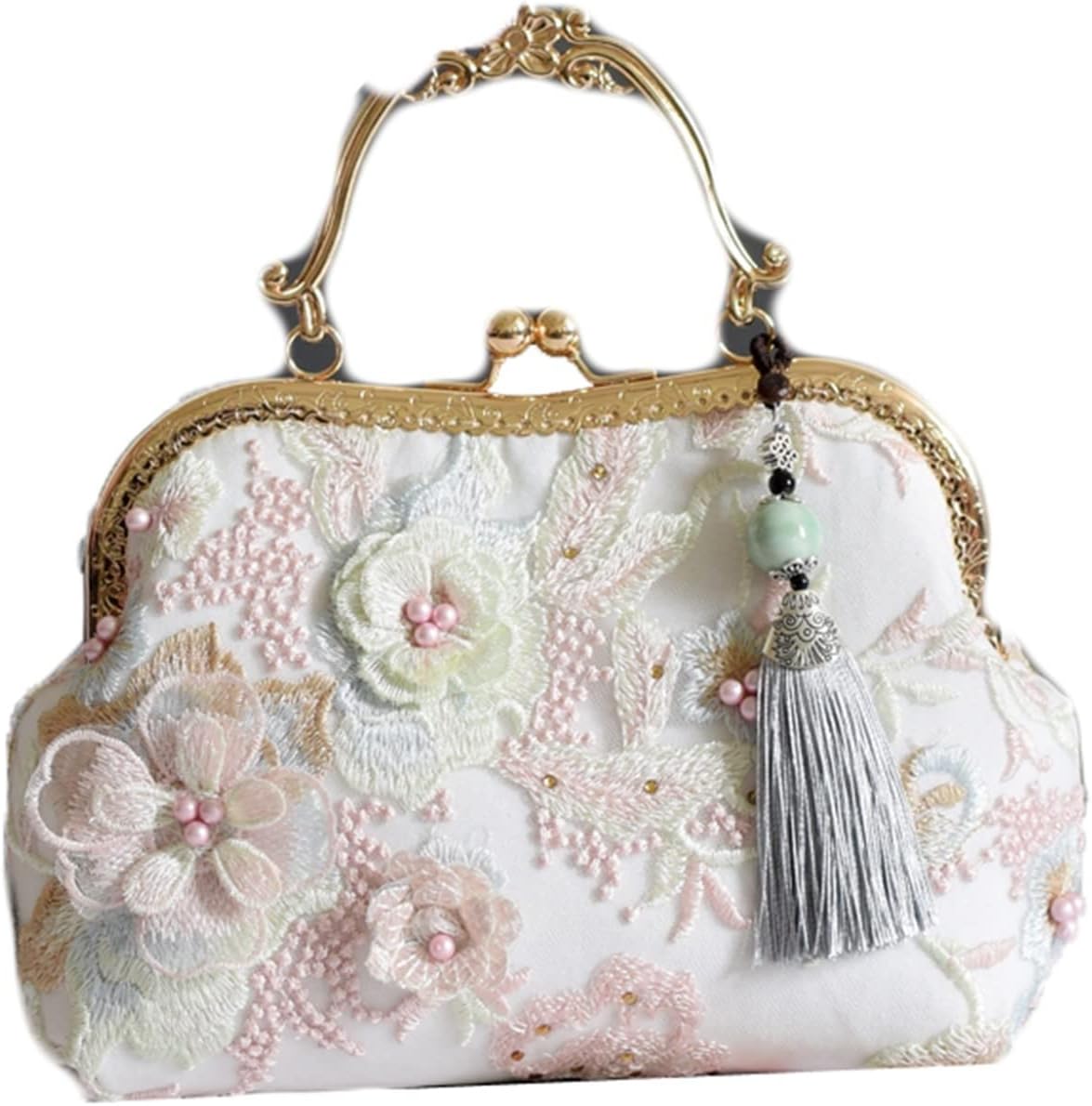 【全店通用25％OFFクーポン】レディース ハンドバッグ 立体花刺繍 がま口ポーチ 手提げ フリンジ 2way 小物入れ レトロ 財布 レース ショルダーバッグ 斜めがけ ラインストーン 復古 持ち 和装 花柄 成人式 和装｜大森麗萱