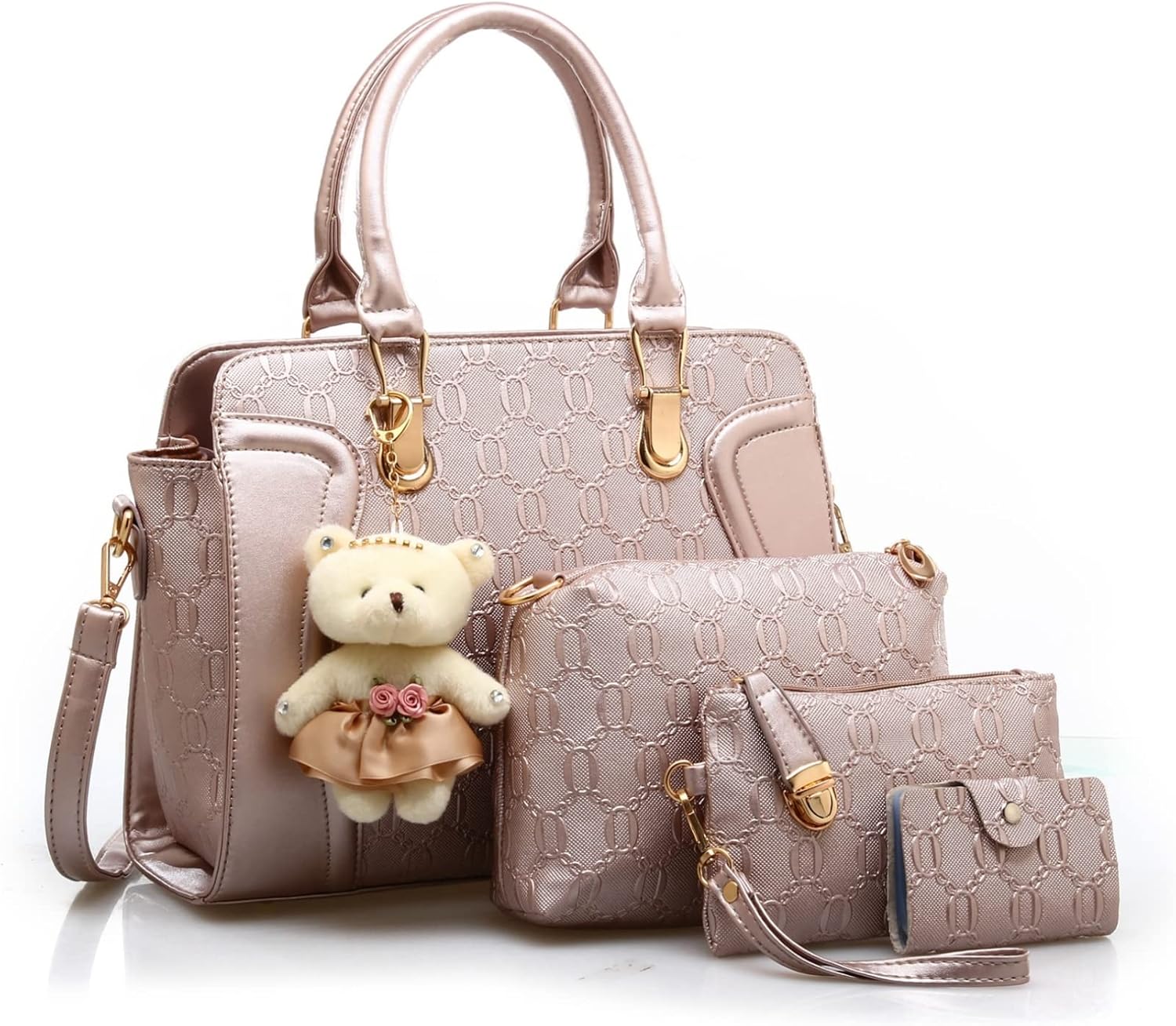 【25％OFFクーポン】ハンドバッグ レディース 4点セット 2way クラッチバッグ トートバッグ ショルダーバッグ 財布 通勤 鞄女性用 底鋲 a4 ビジネス 入学式 誕生日プレゼント クリスマス クマぬいぐるみ付き 可