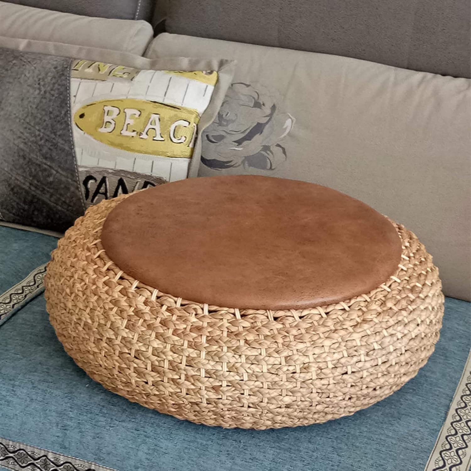 【全店通用25％OFFクーポン】フロアクッション クッション 編んだザブトン 蒲草 天然素材 クッション 手織り 円座 丸型 低反発 い草クッション ブラウン おしりが痛くならない 天然草マット 手作り 60*17cm 超通気｜大森麗萱