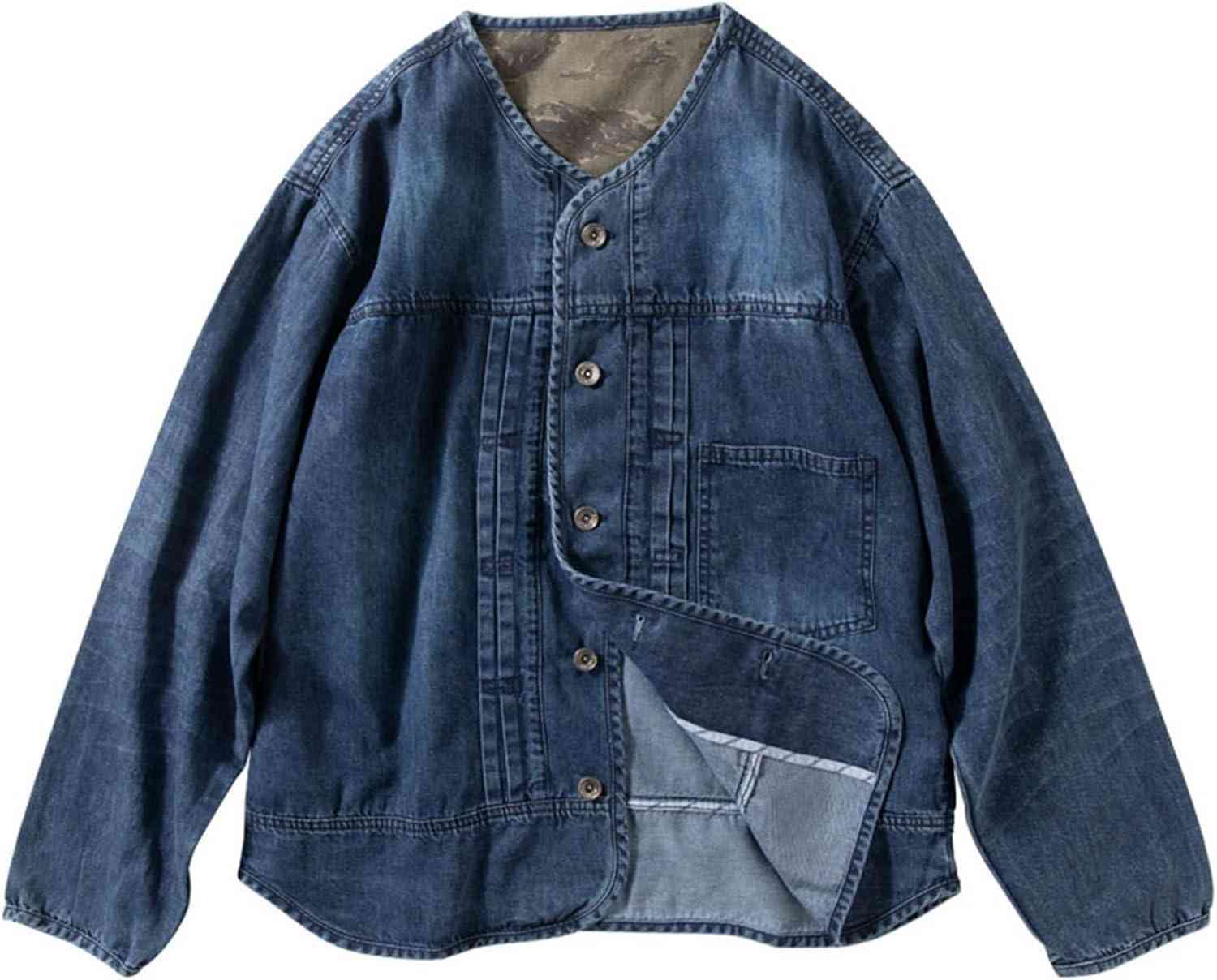 【20%OFFクーポン】ノーカラー デニムジャケット メンズ 春秋 胸ポケット 薄手 軽い 長袖 防風 防寒 無地 カジュアルジャケット ジージャン レトロ スタイリッシュ 普段使い 通学 Gジャン コート ゆったり 大きい｜大森麗萱