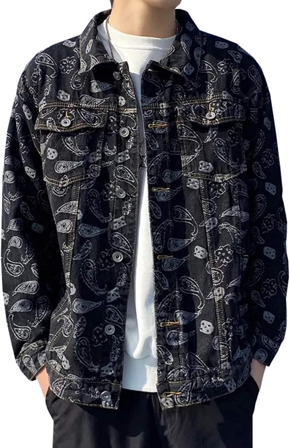 【全店通用25%OFFクーポン】ジャン デニムジャケット メンズ 日系 ヴィンテージ ヒップホップ かっこいい 春秋 防風 防寒 ジージャン 大きいサイズ ゆったり ストレッチ 快適 合わせやすい プリント柄 ブラック/ブルー|大森麗萱