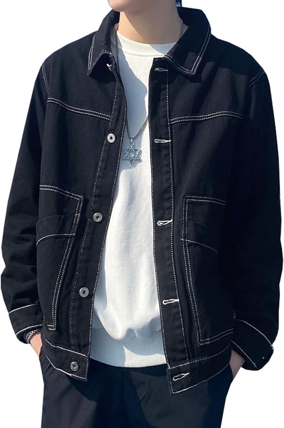 【全店通用25%OFFクーポン】ジャン デニムジャケット メンズ 日系 ファッション シンプル かっこいい 春秋 防風 防寒 ジージャン 大きいサイズ ゆったり ストレッチ 快適 合わせやすい 無地 ブラック/ホワイト S-4|大森麗萱