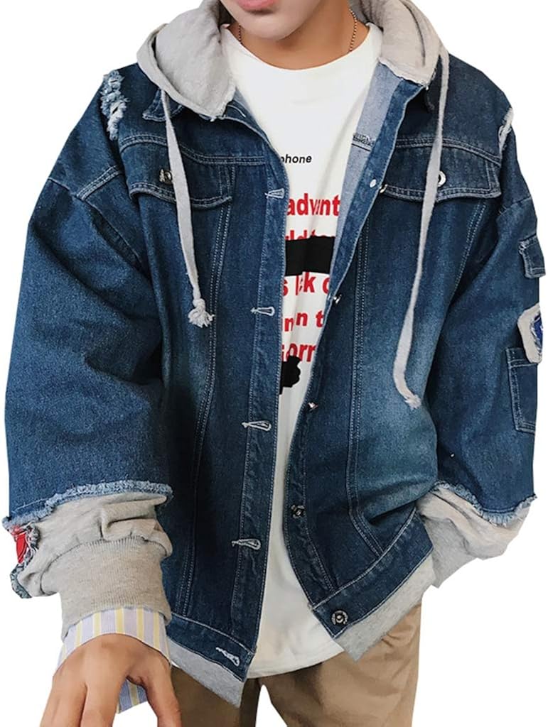 【全店通用25%OFFクーポン】ジャン メンズ 春秋 帽子付き デニムジャケット 長袖 薄手 色落ち ダメージ加工 防風 防寒 ストレッチ ゆったり 快適 シンプル 合わせやすい 無地 ジージャン ブルー ネイビー S-3XL|大森麗萱