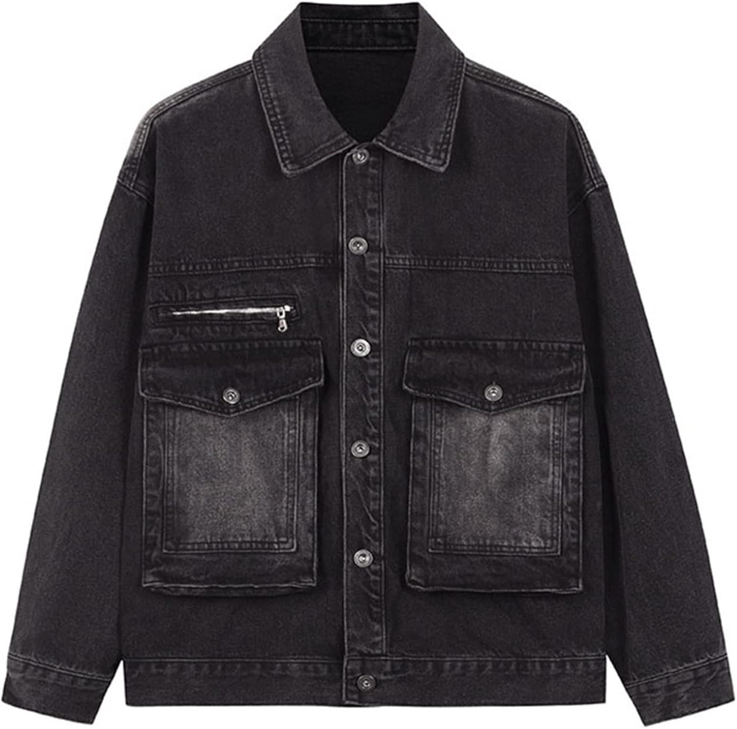 【全店通用25％OFFクーポン】デニムジャケット メンズ 春秋 綿 ジャン 長袖 折り襟 ゆったり カッコイイ カジュアル お出かけ アウター 快適 防寒 ヴィンテージ風 ウォッシュ加工 大きいポケット ブラック｜大森麗萱