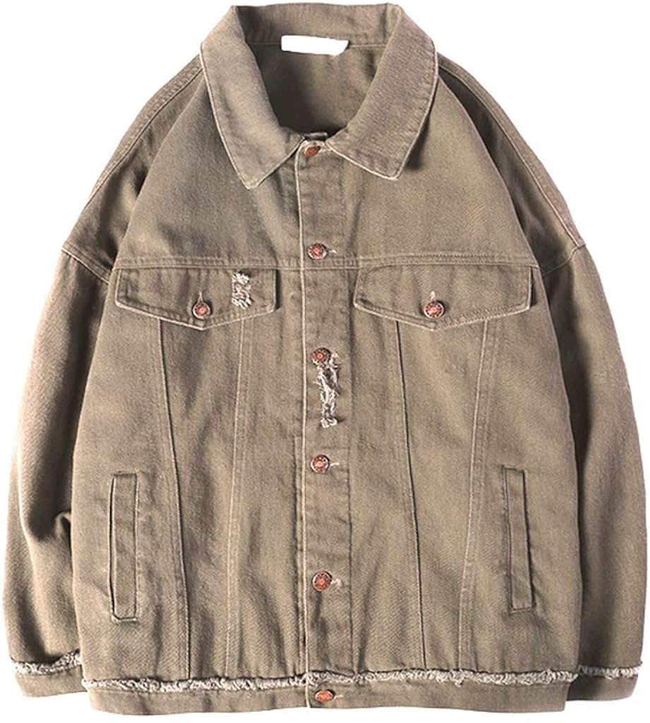 【全店通用25%OFFクーポン】ジャン デニム メンズ 春秋 ダメージ加工 開襟 ジャケット 長袖 原宿風 ストレッチ おしゃれ ゆったり カッコイイ 通勤 通学 普段着 快適 防風 防寒 無地 カーキ ブラック M-2XL|大森麗萱