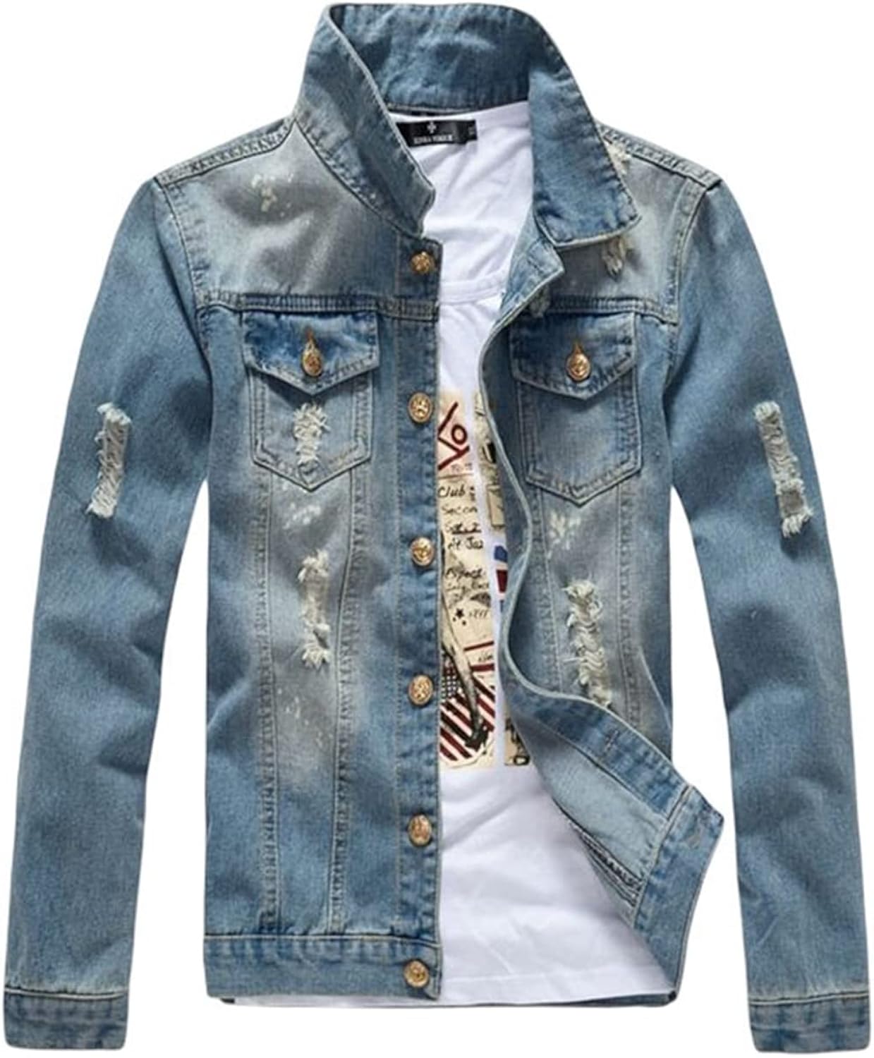 【全店通用25％OFFクーポン】ジャン　メンズ　春秋　大きいサイズ　ショート丈　テーラード　デニムジャケット　長袖　薄手　防風　防寒　ストレッチ　修身　快適　ヴィンテージ風　ダメージ　ウォッシュ加工　ジージャン　ブルー｜大森麗萱