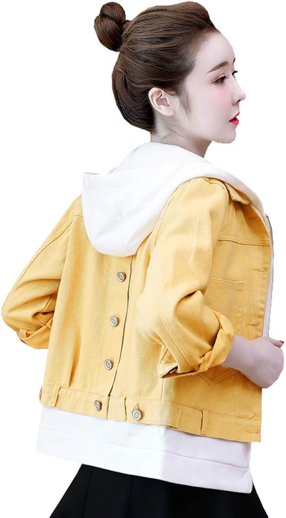 【全店通用25％OFFクーポン】ジャン デニムジャケット レディース 春秋 防風 防寒 ジージャン ストレッチ 着痩せ ファッション きれいめ ゆったり お出かけ 通勤 通学 大きいサイズ フード付き スプライス 無地 イエロ｜大森麗萱