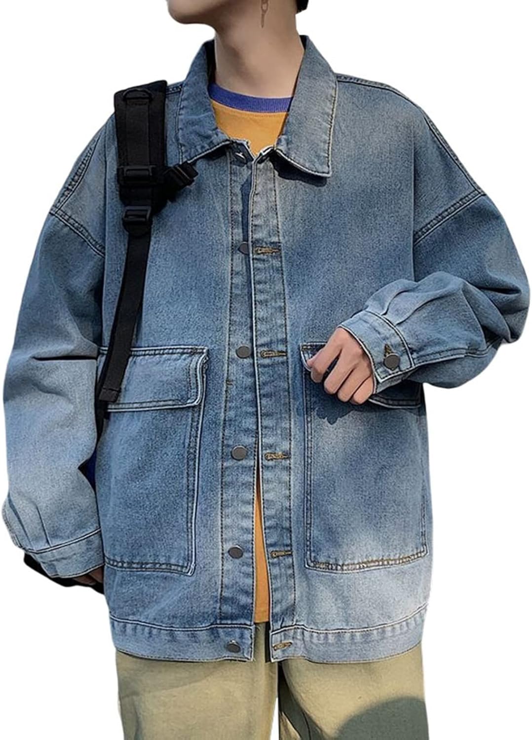 【今日このごろ押さえる、超買得30％OFFクーポン券、2度汐合い絶無】メンズ ジャン ジーンズ 馬鹿でかい大きさ 今めかしい 馬鹿でかい衣嚢 開襟 上衣 長袖 ゆったり 伸ばすこと ヴィンテージ風 心地好い カッコイイ 普段着 好いたらしい 防風 防寒 烏兎