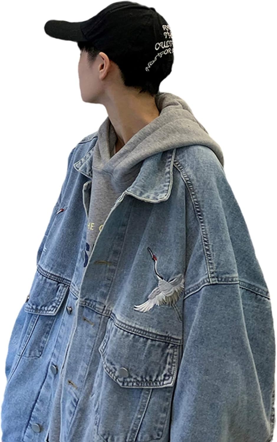 【全店通用25％OFFクーポン】メンズ デニムジャケット 春秋 M-5XL 大きいサイズ ストレッチ ゆったり ジャン ジージャン 防風 防寒 通勤 通学 お出かけ 合わせやすい カッコイイ ヴィンテージ風 刺繍 鶴柄 ブルー｜大森麗萱
