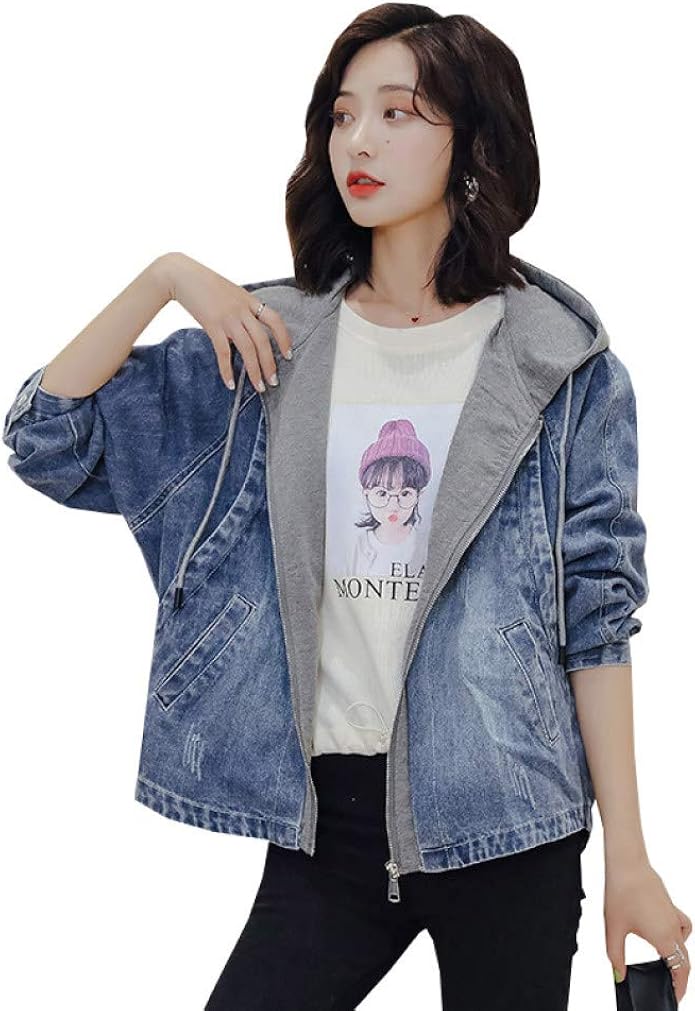 【全店通用25%OFFクーポン】-3XL デニムジャケット ジージャン レディース 春秋 無地 ブルー ブラック ウォッシュ加工 フード付き 大きいサイズ ストレッチ 着痩せ ファッション きれいめ ゆったり 防風 防寒 お出|大森麗萱