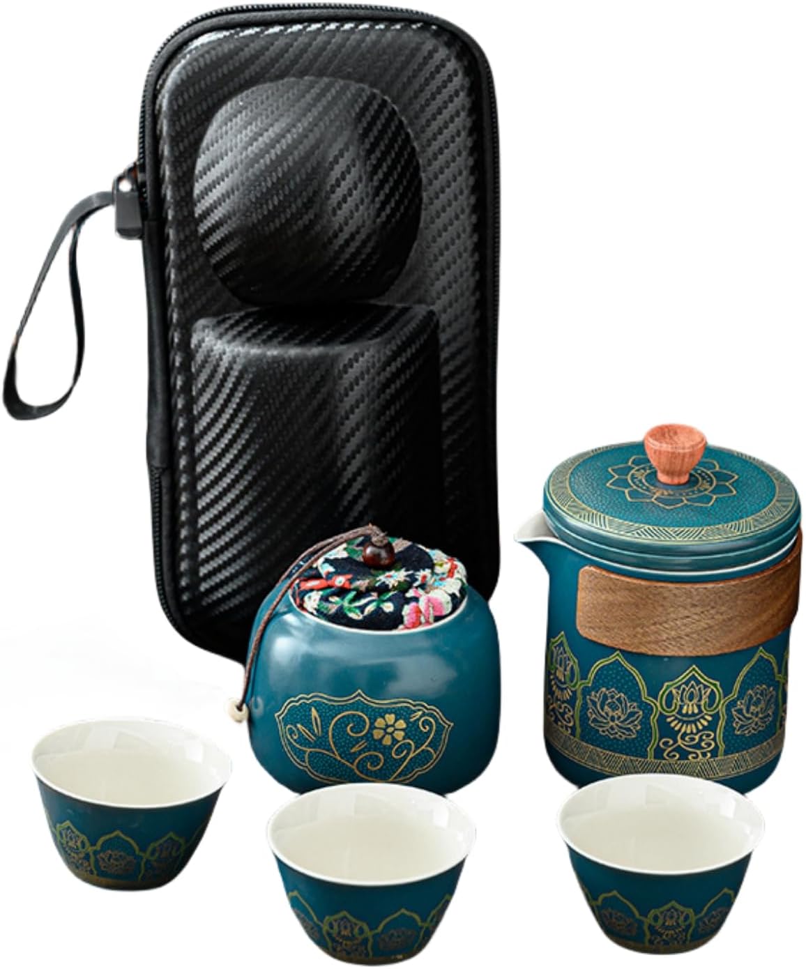 【全店通用25％OFFクーポン】茶器セット陶器 旅行ティーセット 携帯用 旅行 収納バッグ付き 中国茶器 急須 湯呑セット カップポータブル 旅行用茶具セットギフト (ブルー 旅行バッグ)｜大森麗萱