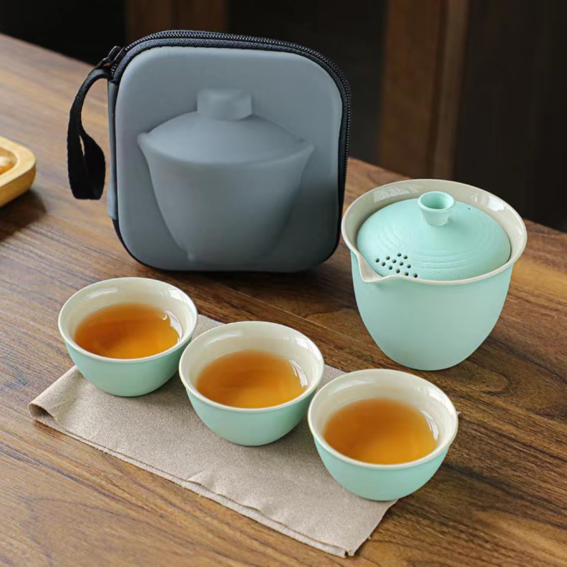 【全店通用25%OFFクーポン】茶器セット 旅行ティーセット 急須セット 茶器 和風 携帯急須 中国茶 台湾茶 収納バッグ付き 陶器湯呑みセット コンパクト お出かけ用 カラー8 収納バッグ付き陶器湯呑みセット set1 アウ|大森麗萱