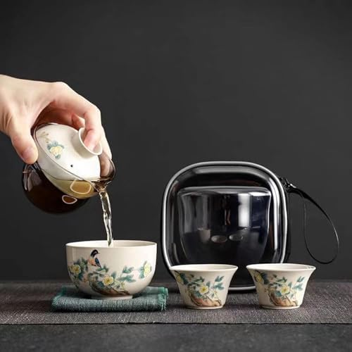 【全店通用25%OFFクーポン】急須セット 中国茶器 コップ 収納バッグ付き陶器湯呑みセット 旅行ティーセット 携帯茶道具 カササギ (1セット)|大森麗萱