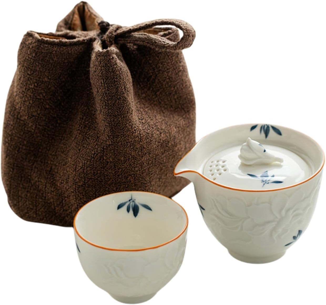 【全店通用25％OFFクーポン】携帯型 1人前用 茶器セット ティーセット 茶器揃い 収納バッグ付 急須セット 湯呑みセット ティーカップ 煎茶器セット 番茶器セット 煎茶道具 コンパクト 手描き エレガント シンプル 持ち運｜大森麗萱