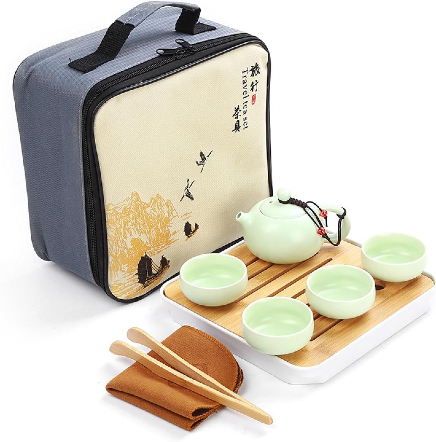 【全店通用25%OFFクーポン】茶器セット 番茶器セット 旅行用お茶セット 中国茶器 陶磁茶具セット 茶器乾燥ティートレー 旅行 お出かけ用 収納バッグ付き 和風急須 A(短い注ぎ口) 緑|大森麗萱