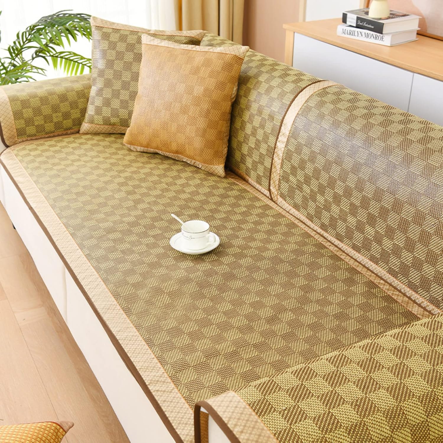 【全店通用25％OFFクーポン】ソファカバー おしゃれ マルチカバー 60*90 多機能 ペット用 出窓用 ソファー 籐マット 籐シーツ 夏 ひんやり 涼感 冷感 ソファーカバー グリーンA 防塵 汚れ防止 60*60 滑り止｜大森麗萱