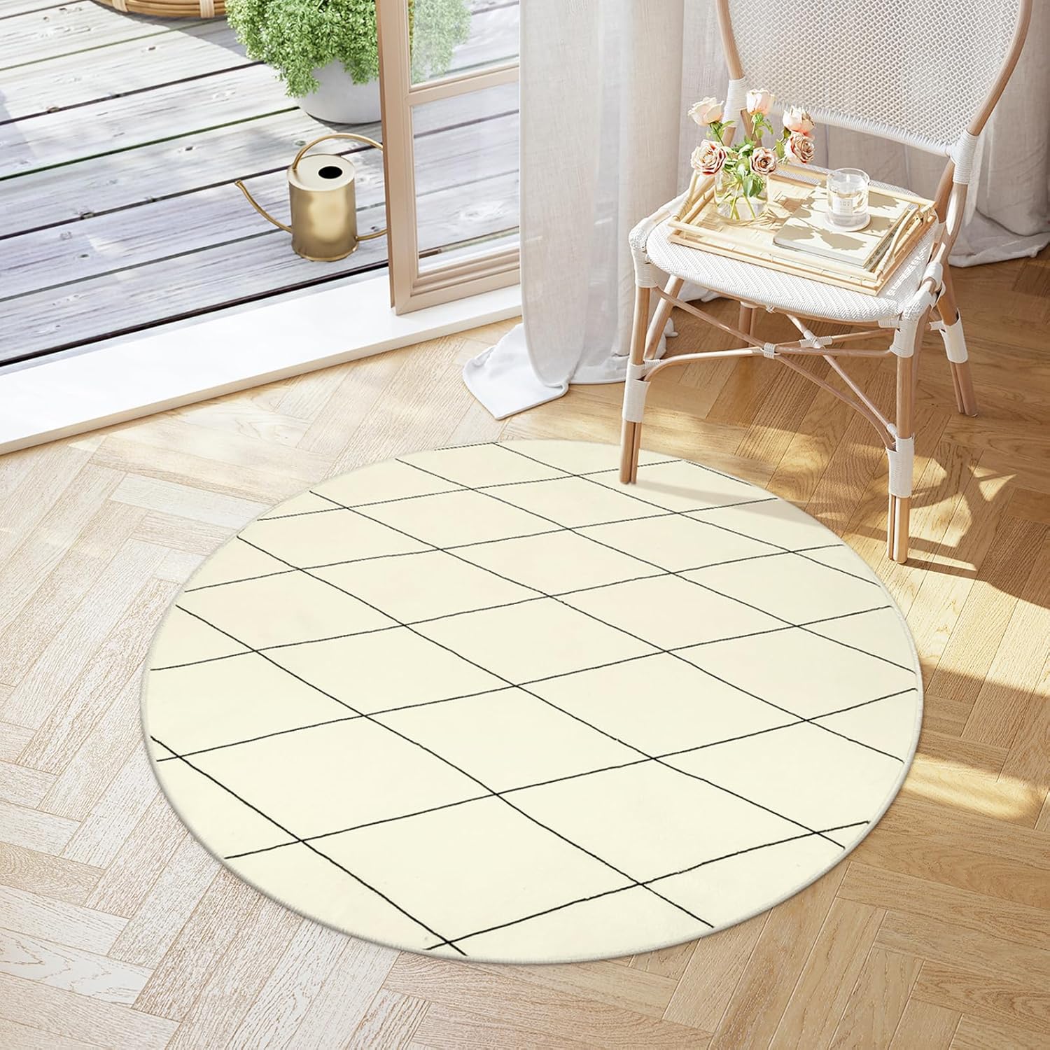 【全店通用25%OFFクーポン】カーペット 洗える 円形 100cm 北欧風 ラグ オールシーズン適用 幾何学柄 ふわふわ 滑り止め 低反発 防音 抗菌防臭 リビング ダイニング ラグマット 夏用 アンティーク アイボリー|大森麗萱