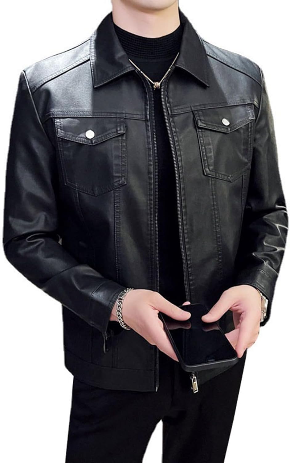 【全店通用25%OFFクーポン】黒 ライダースジャケット メンズ 春秋冬 裏起毛 防風 防寒 保温 撥水 革ジャン PUレザー 折り襟 シングル 大きいサイズ 修身 ブルゾン お洒落 カッコイイ カジュアル ビジネス 通勤 レ|大森麗萱