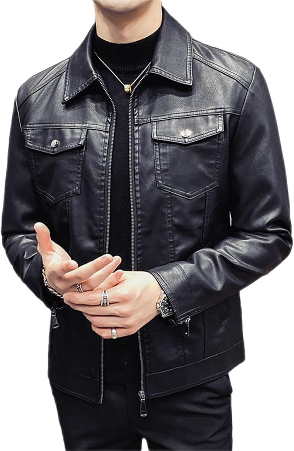 【全店通用25％OFFクーポン】レザージャケット 黒 ライダース メンズ 大きいサイズ 秋冬 裏起毛 防風 防寒 保温 撥水 革ジャン PUレザー 折り襟 シングル スリム ブルゾン おしゃれ かっこいい カジュアル 通勤 ア｜大森麗萱