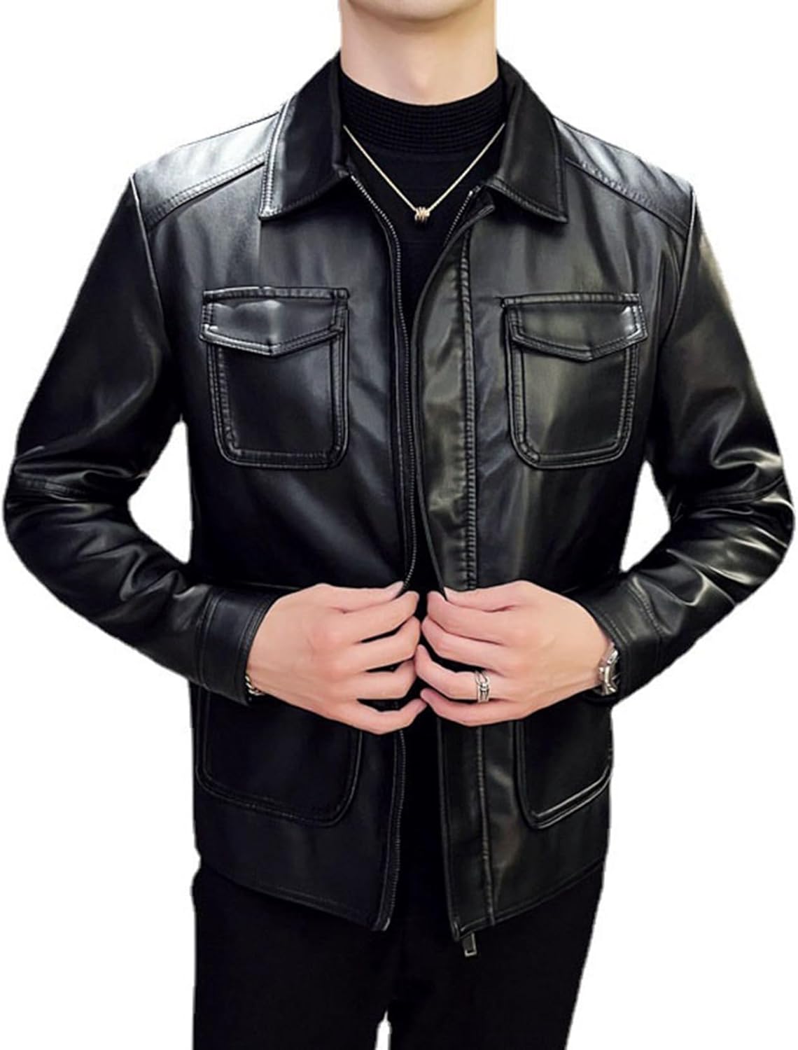 【全店通用25%OFFクーポン】レザージャケット ブラック メンズ ライダース 合皮 折り襟 スリム かっこいい 革ジャン ブルゾン 春秋 防風 防寒 保温 撥水 カジュアル 通勤 アウトドア アウター おしゃれ マルチポケッ|大森麗萱