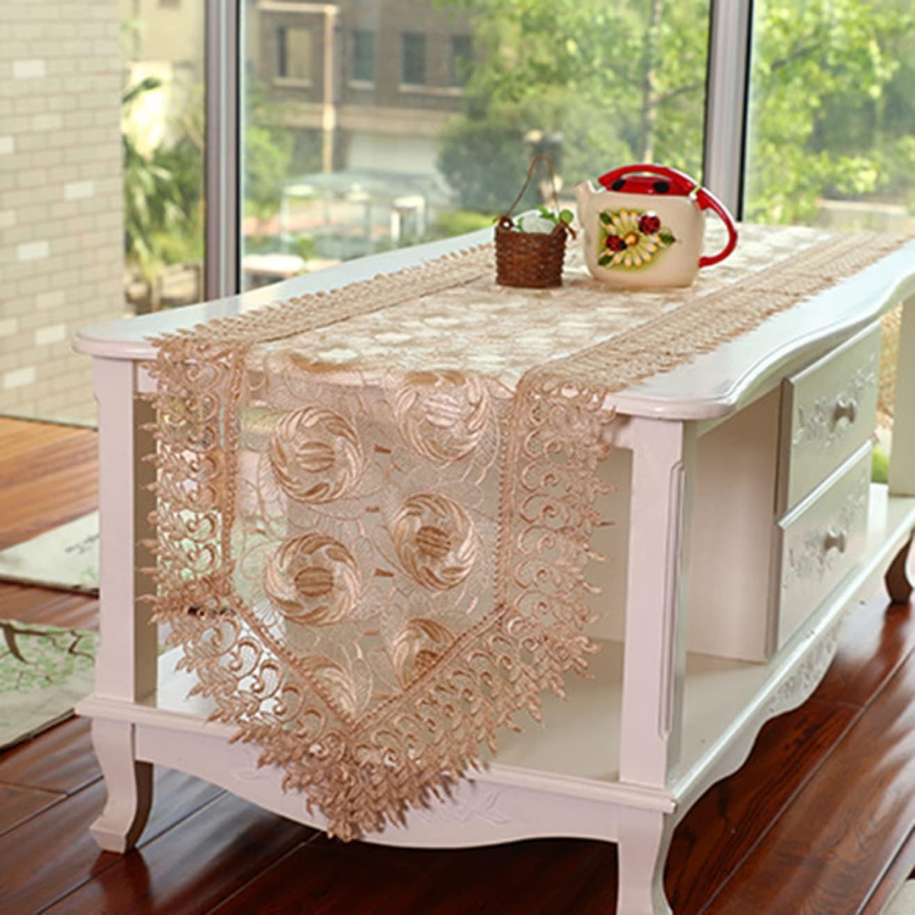 【全店通用25％OFFクーポン】レース テーブルランナー 40*200cm 長方形 レースの布刺繍テーブルランナー テーブル コーヒーテーブル テーブルクロス カーキ テレビキャビネット ベッドサイド 装飾用テーブルカバー ド｜大森麗萱