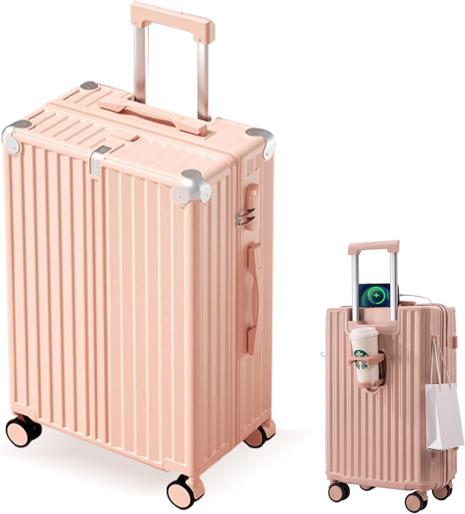 【全店通用25％OFFクーポン】スーツケース 多機能 キャリーバッグ usbポート付き カップホルダー付き 可愛い 機内持ち込み可能 かわいい レディース 出張 大容量 ダイヤル式ロック 旅行 三段階調節 修学 ホワイト 静音｜大森麗萱