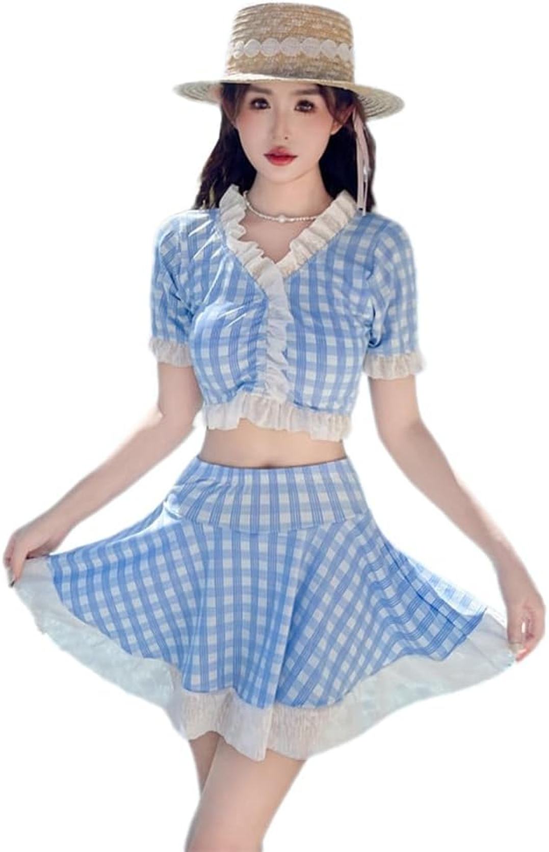 水着 タンキニ スカート 2点セット チェック柄 レース 半袖 フリル 上下セット 体型カバー セパレート パット付き Vネック 裏地付き 露出控えめ 着痩せ スイムウェア 水陸両用 可愛い 着痩せ