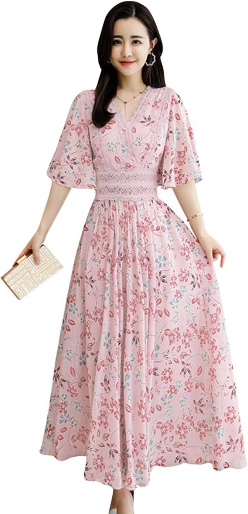 【全店通用25％OFFクーポン】花柄 ワンピース シフォン 半袖 レディース 夏着 ミモレ丈 ワンピ Vネック スリム 着痩せ 高見え ドレス ロング丈 通気 フォーマル カジュアル オフィス きれいめ 涼しい｜大森麗萱