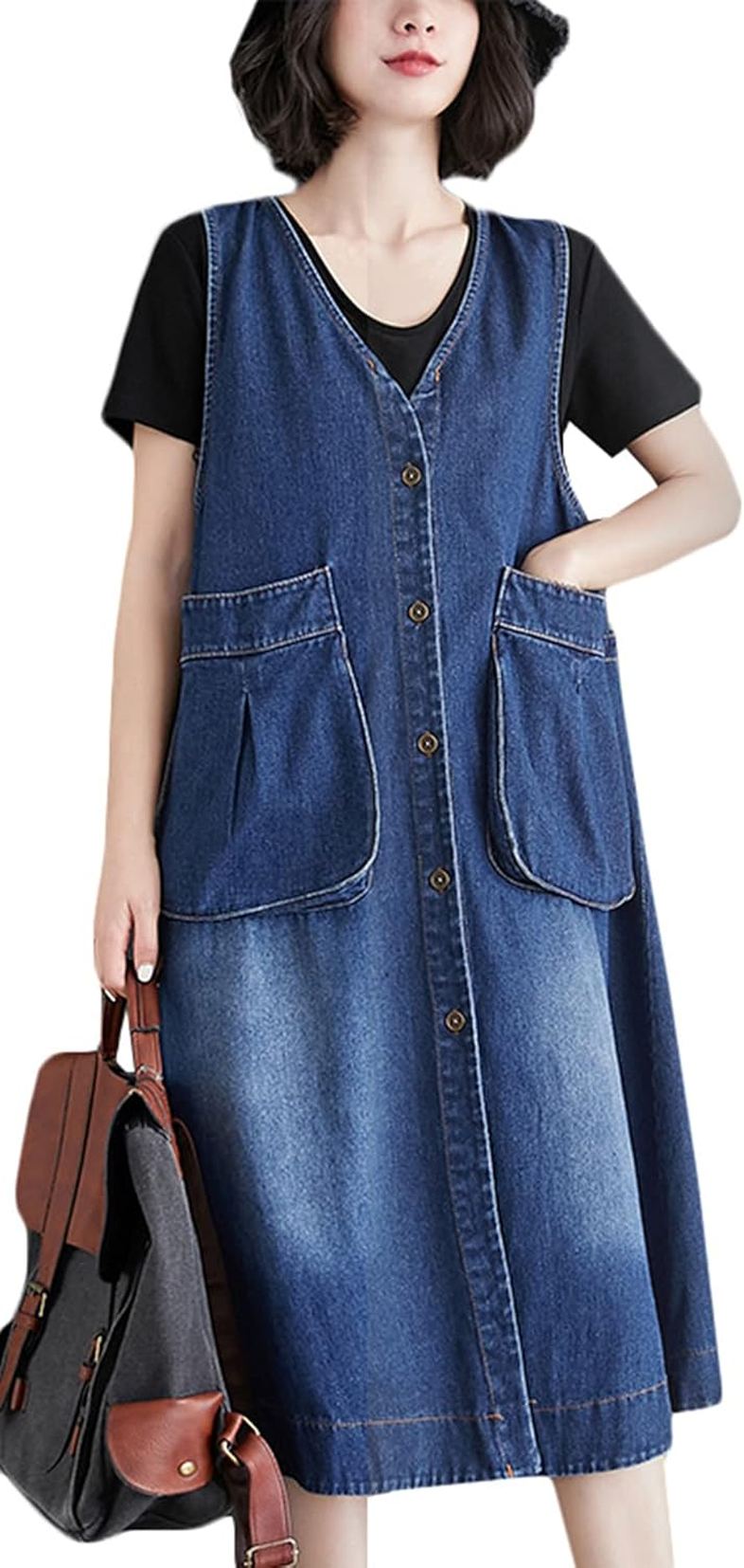【全店通用25％OFFクーポン】サロペット レディース デニムワンピース 夏 オーバーオール ジャンパースカート 大きいサイズ オールインワン サロペットスカート 膝丈 フロントボタン ポケット付き｜大森麗萱