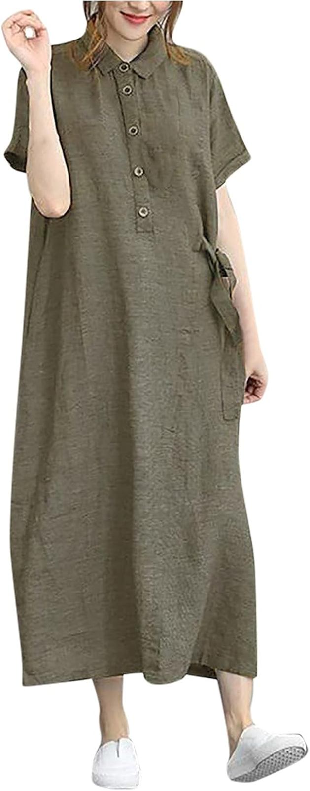 シャツワンピース レディース ロングマキシワンピース 半袖 夏服 無地 大きいサイズ 綿麻 エレガント シャツ ドレス 体型カバー 着痩せ チュニック お出かけ 2Way 可愛い カジュアル Aライン