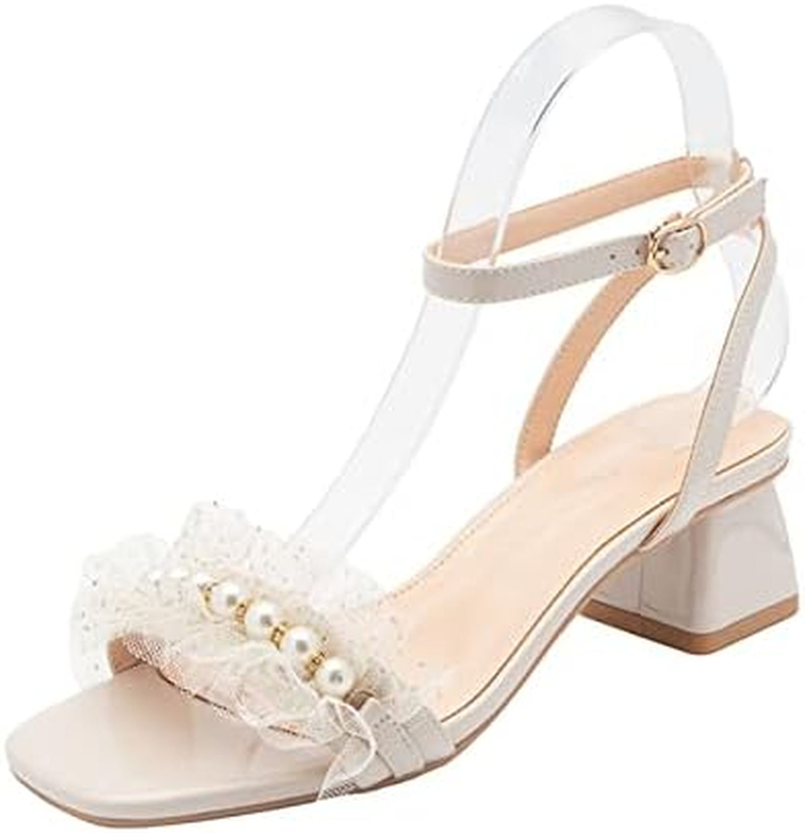 【25%OFFクーポン】ハイヒール サンダル ストラッ 真珠 パール 甲ストラップ アンクルストラップ チュール布 フリル スクエアヒール 太ヒール ミドルヒール オープントウ スクエアトゥ エレガント カワイイ おしゃれ