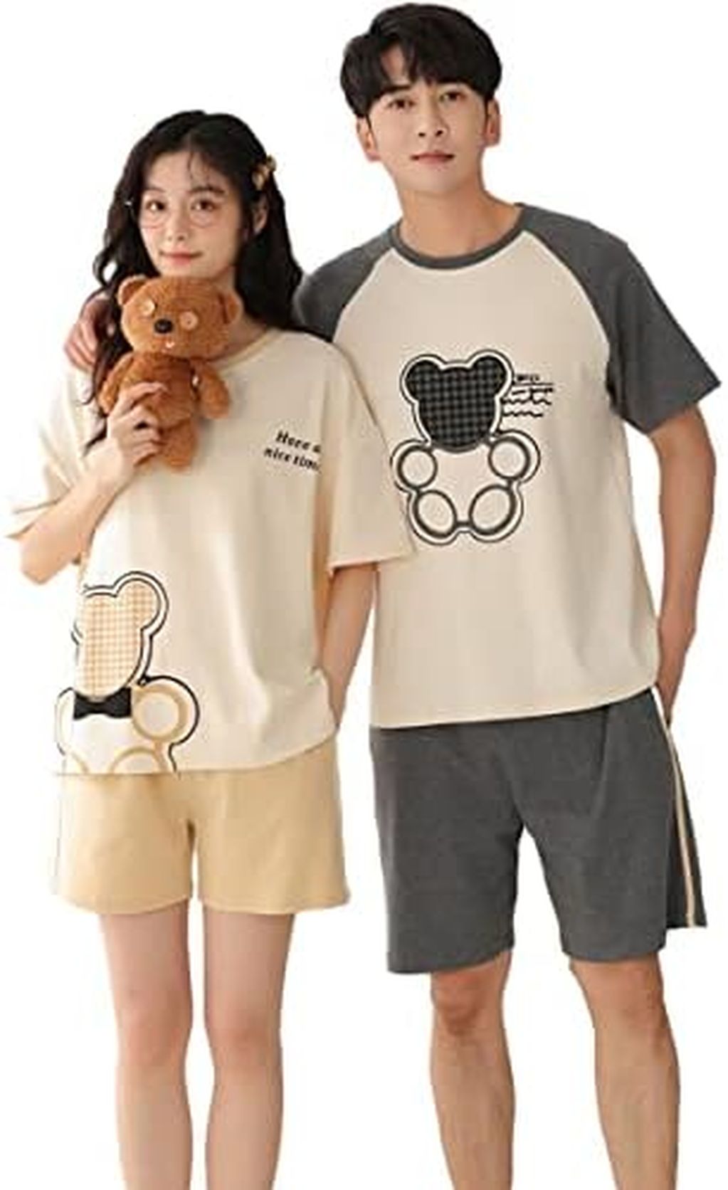 【全店通用25％OFFクーポン】ペアパジャマ 夏 可愛い 半袖 綿 クマ柄 ペアルック 男女セット カップル ルームウェア 部屋着 恋人 夫婦 結婚祝い 通気 プレゼント 優しい肌触り｜大森麗萱