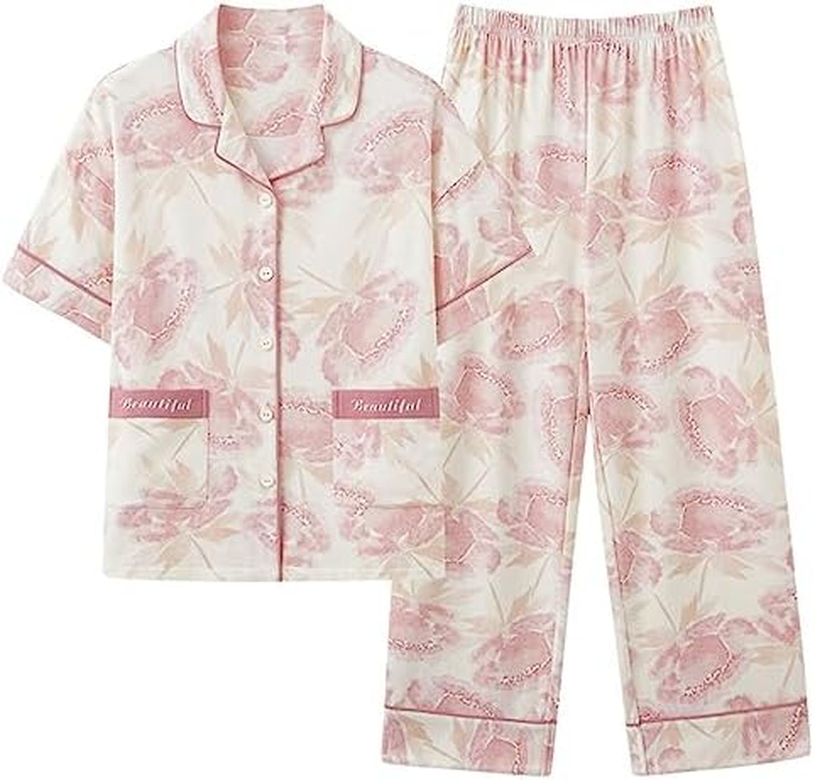 【全店通用25％OFFクーポン】部屋着 レディース パジャマ 夏 前開き 半袖 長ズボン 綿 ルームウェア 上下セット かわいい 大人 大きいサイズ 通気 快適 優しい肌触り｜大森麗萱