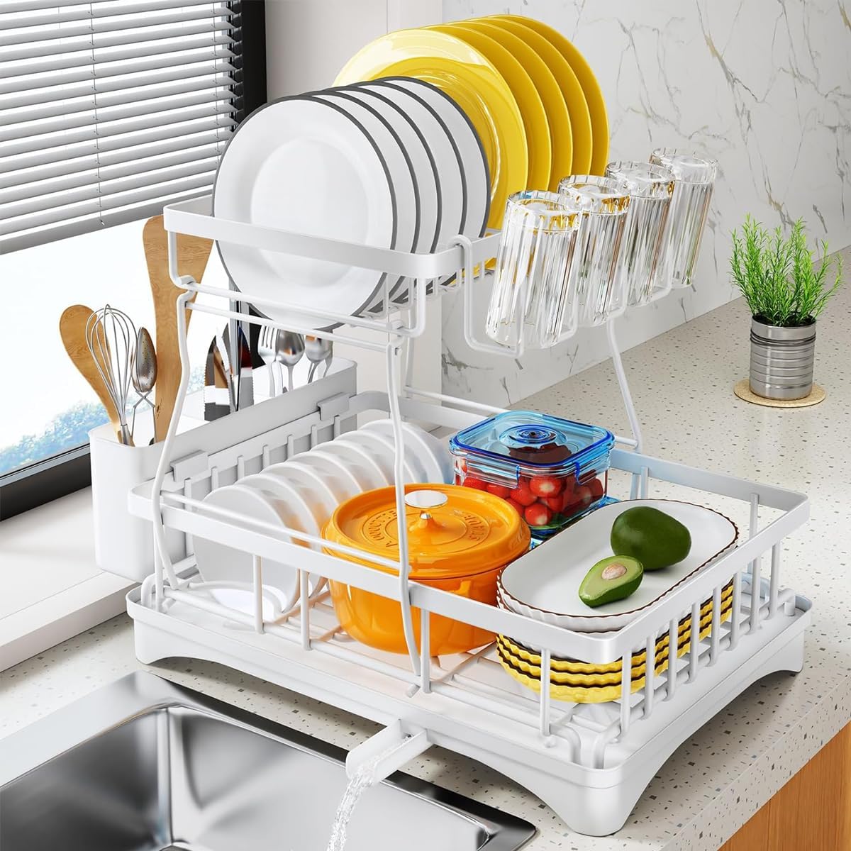 GEBYUI 水切りラック 2段式 大容量43cm幅 自動排水＆防錆設計｜ワイド