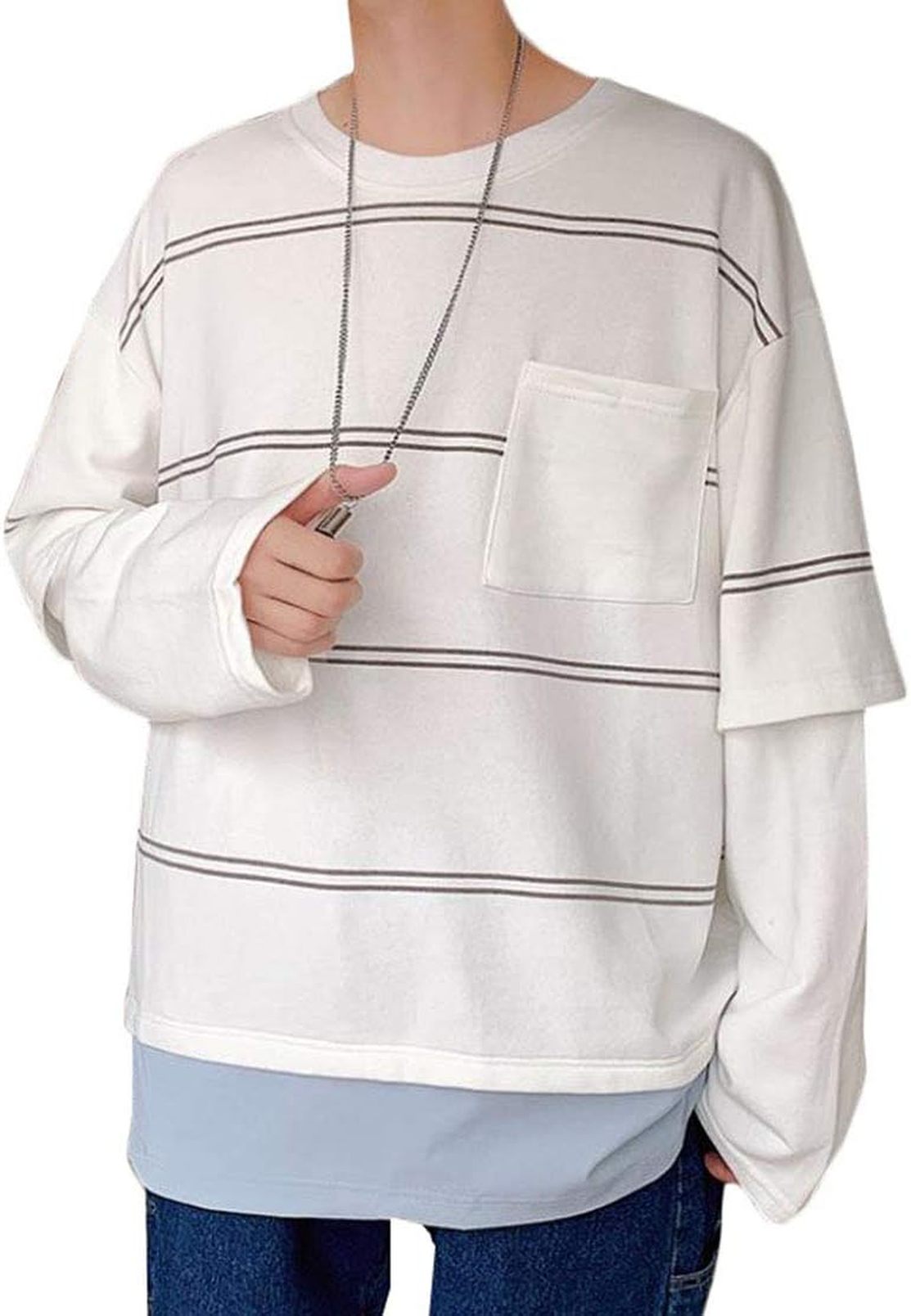 長袖tシャツ メンズ カットソー クルーネック ボーダー柄 切り替え ファッション ロンＴ ゆったり レイヤード風 ストリート系 tシャツ カジュアル 白 秋 ゆったり 柔らかい肌触り 快適 ファッシ