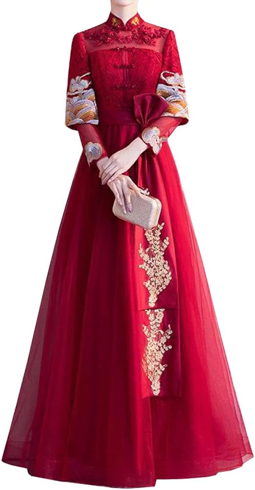 【全店通用25％OFFクーポン】レディース ウェディングドレス 結婚式ドレス ドレス ワンピース イブニングドレス 花嫁ドレス ロングドレス ミドル丈ドレス 立ち襟 フォーマル エレガント スリム 着痩せ 刺繍 パーティー 演｜大森麗萱