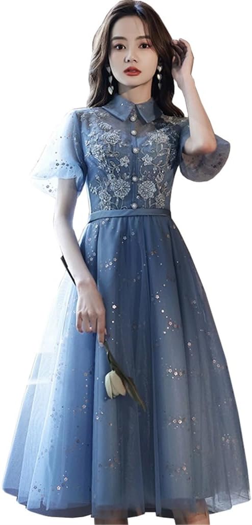 【全店通用25％OFFクーポン】レディース パーティードレス ドレス ワンピース ミドル丈ドレス 宴会ドレス 結婚式ドレス チュールワンピース エレガント フォーマル 花柄 刺繍 立ち襟 星柄 演奏会 パーティー デート 卒業｜大森麗萱