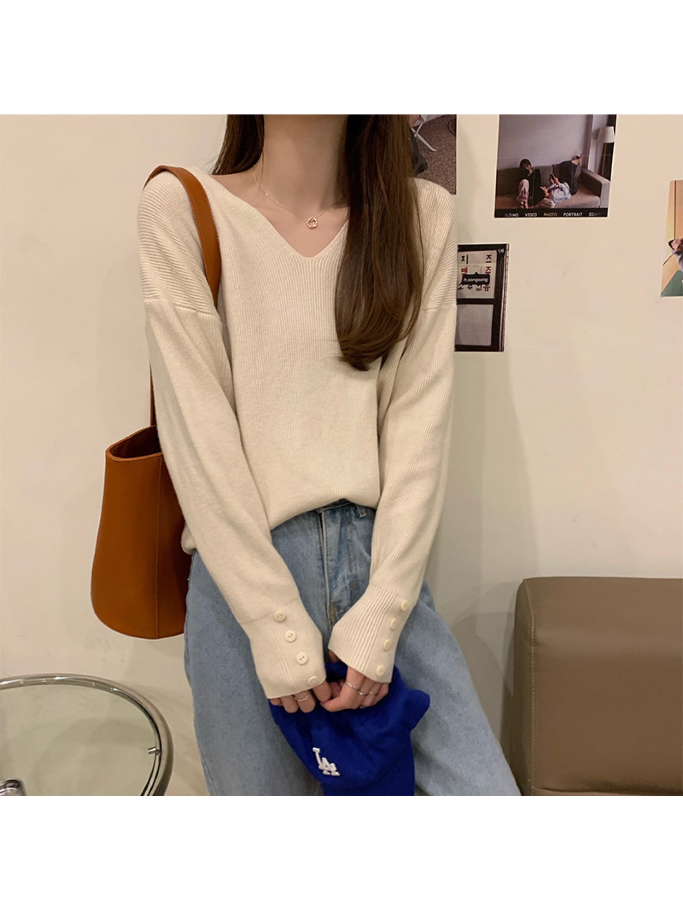 【今日このごろ制限事項、超買得30％OFFクーポン券、2度汐どき皆無】【袖名取り草】 編み物 ティーシャツ レディース Vのど首 長袖 トップス ティーシャツ リブニット 無地 分かりやすい 心地好い 好いたらしいめ 事務室 通い OL ママコーデ ゆったり 体型取りまかなう 着