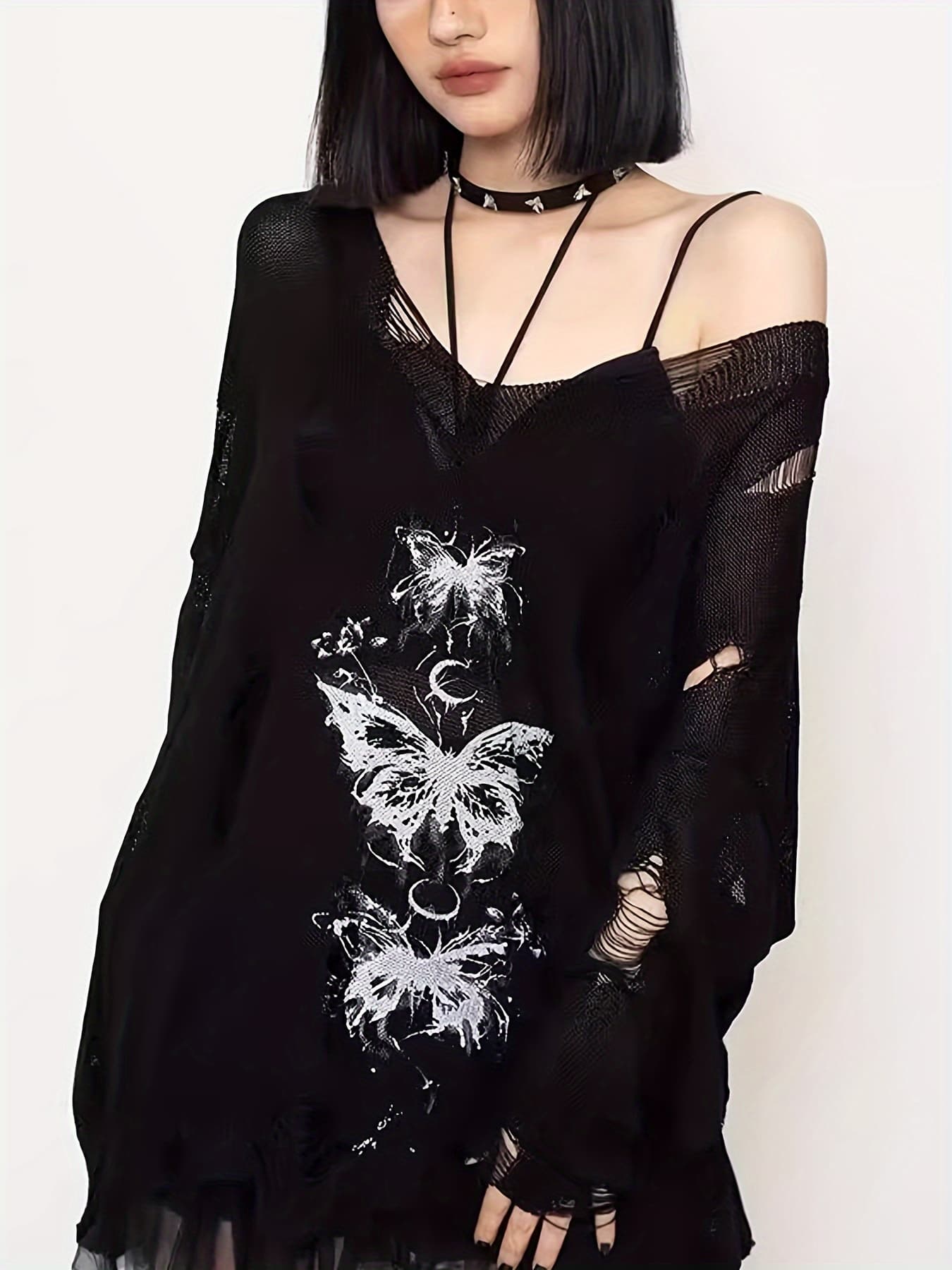 【今日このごろ押さえる、超買得30％OFF引き換え証、2度潮どき皆無】朱夏編み物 レディース 蝶柄 不都合 編み物 プルオーバー Vのど首 透け感 シアー トップス 夢見鳥 夢見鳥 仕掛地雷系 量産系 サブカル 病み愛くるしい はち切れる 鍵を掛ける ゴシック 表どおり