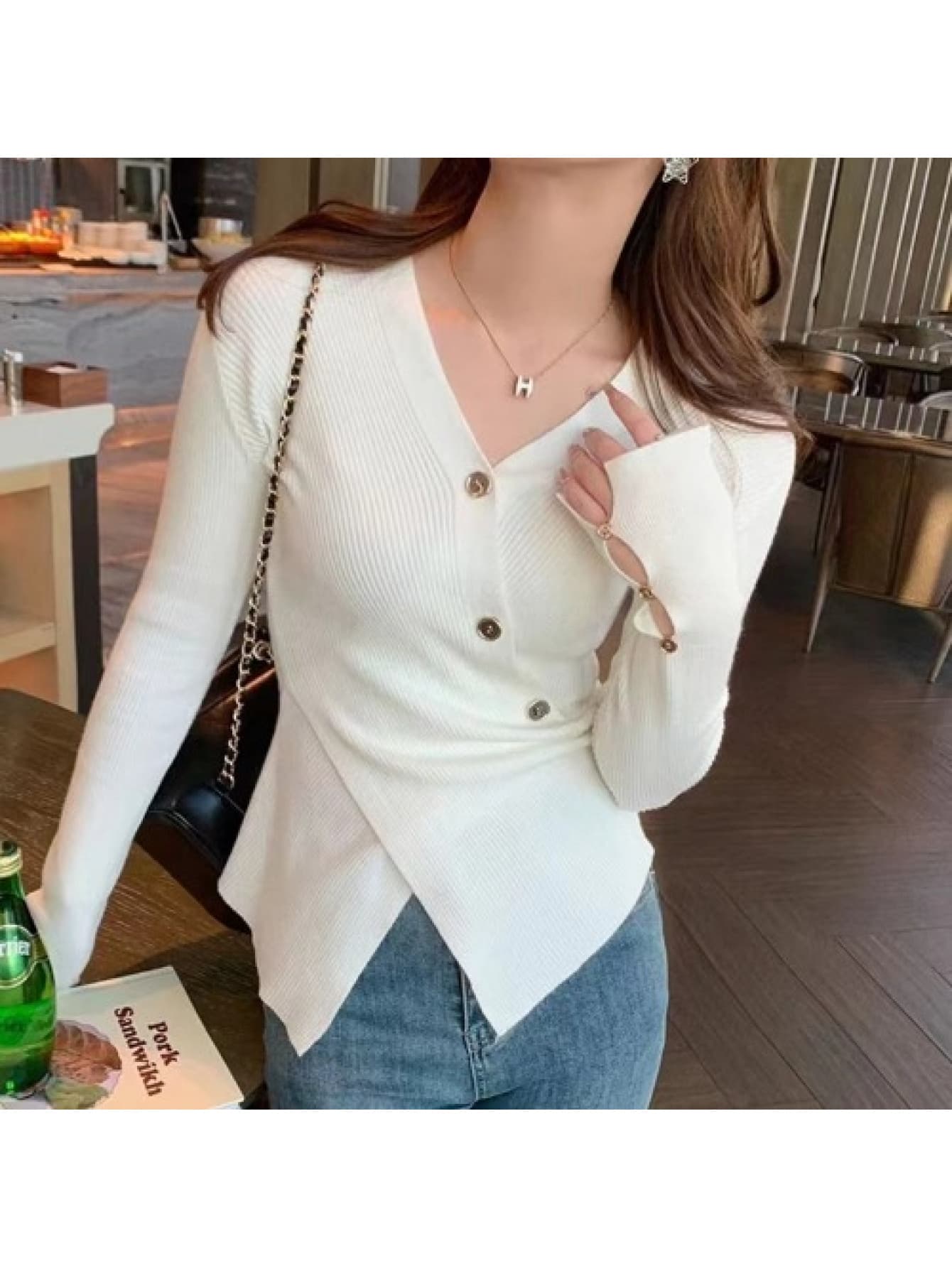 【今日このごろ押さえる、超買得30％OFF引き換え証、2度潮どき皆無】【カシュクール】編み物 レディース プルオーバー Vのど首 リブニット トップス 長袖 非対称 うつり変わり 細長い切口 きつい か細い 相応う 着痩せ 細見せかけ 割れ易い見せかけ 指穴 総締め広座敷 インナ