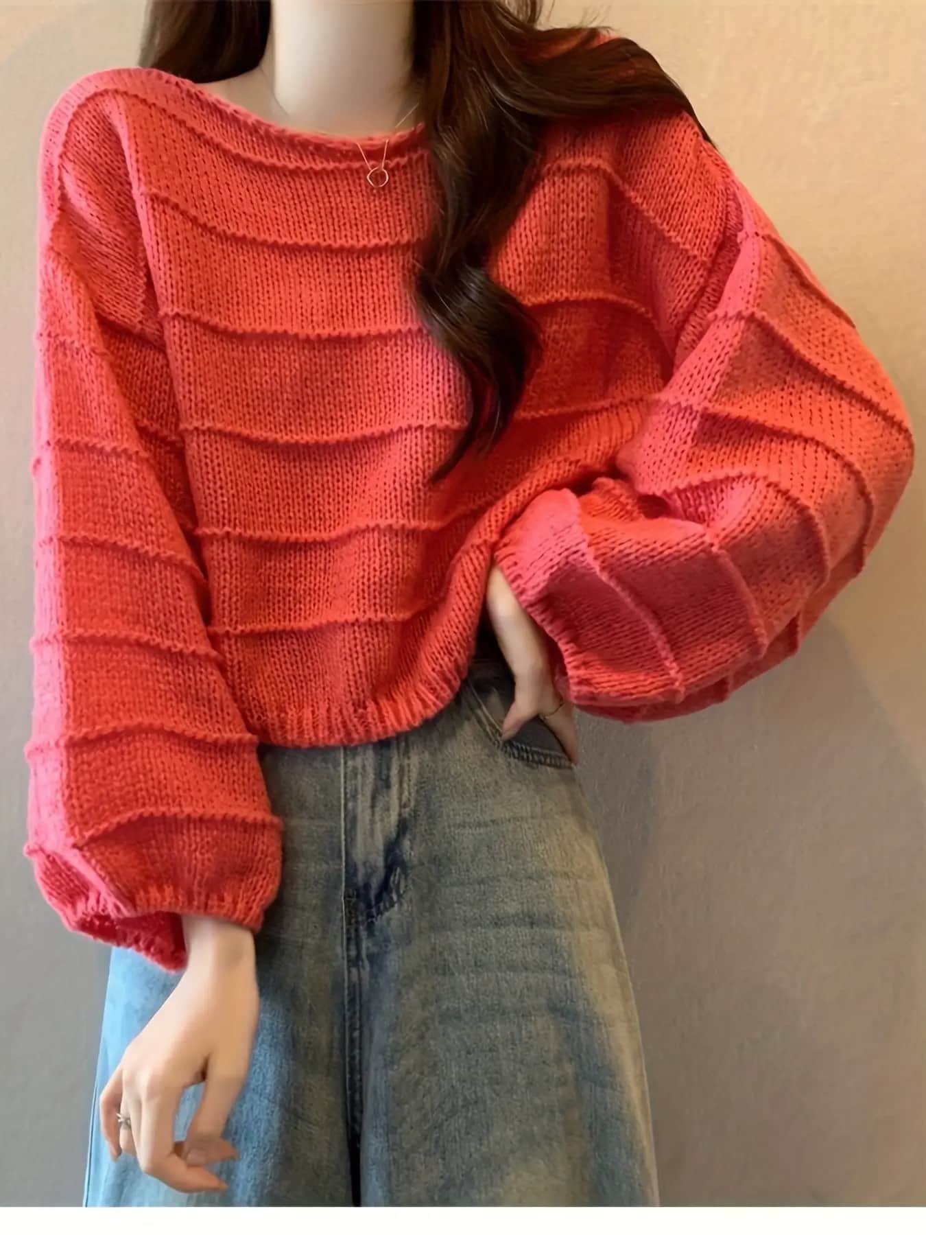 【今日このごろ押さえる、超買得30％OFF引き換え証、2度潮どき皆無】【こなれ感】編み物 プルオーバー レディース トップス 春 秋 冬 ティーシャツ 長袖 遊撃手丈 クロップド 労働者の一団のど首 音の大きさ袖 ぽわん袖 軽気球衣袂 粗さ 畝編み 無地 体型河馬