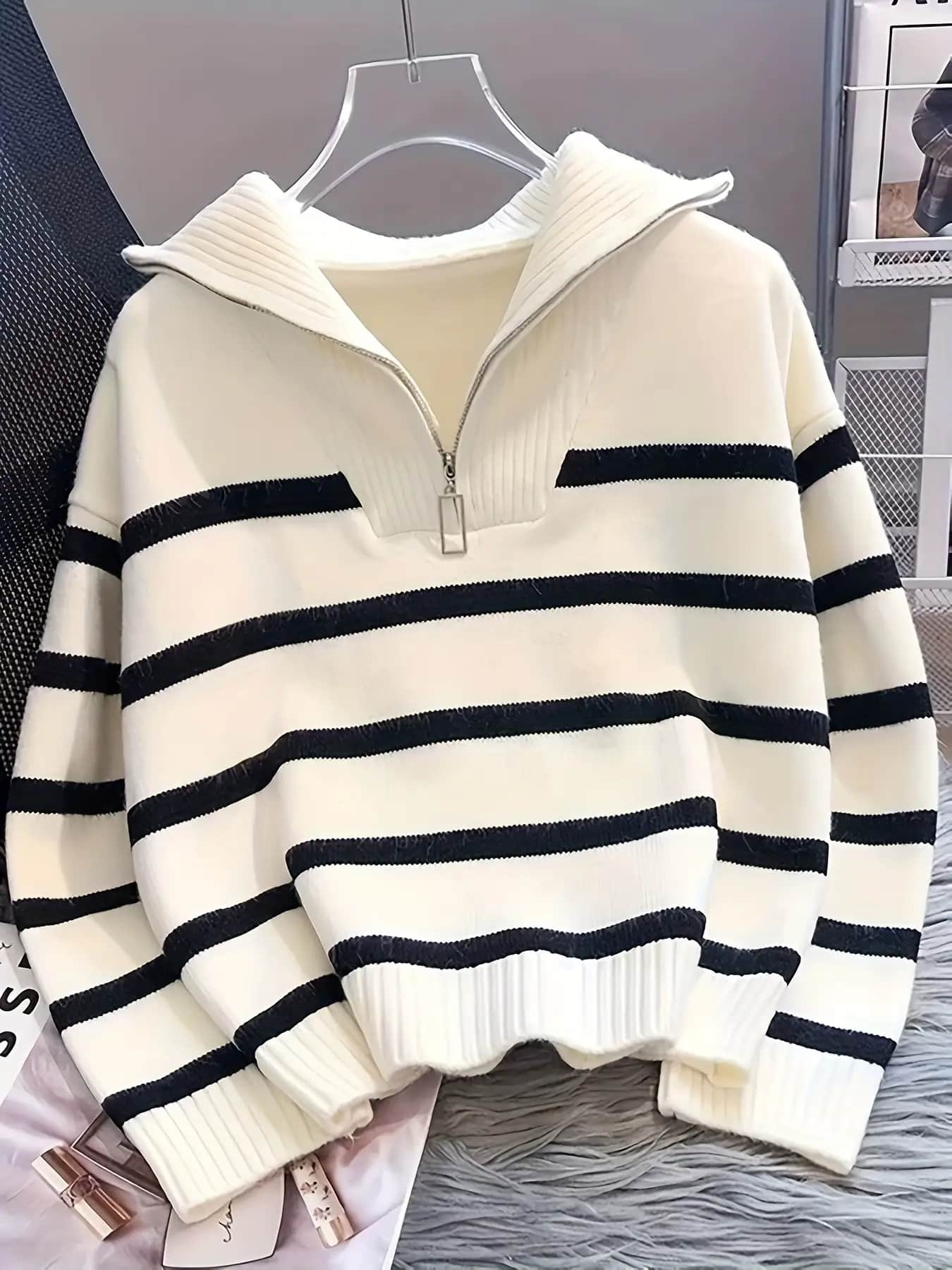 【今日このごろ制限事項、超買得30％OFF引き換え証、2度潮合い皆無】ハーフジップ 編み物 間借り人 スウェーター レディース トップス 長袖 襟付き添い人 乗り組み員色合い ティーシャツ ジップアップ 色彩設計 縞模様 ゆる編み物 ビッグ影ぼうし 厚地の外套大きさ ゆった