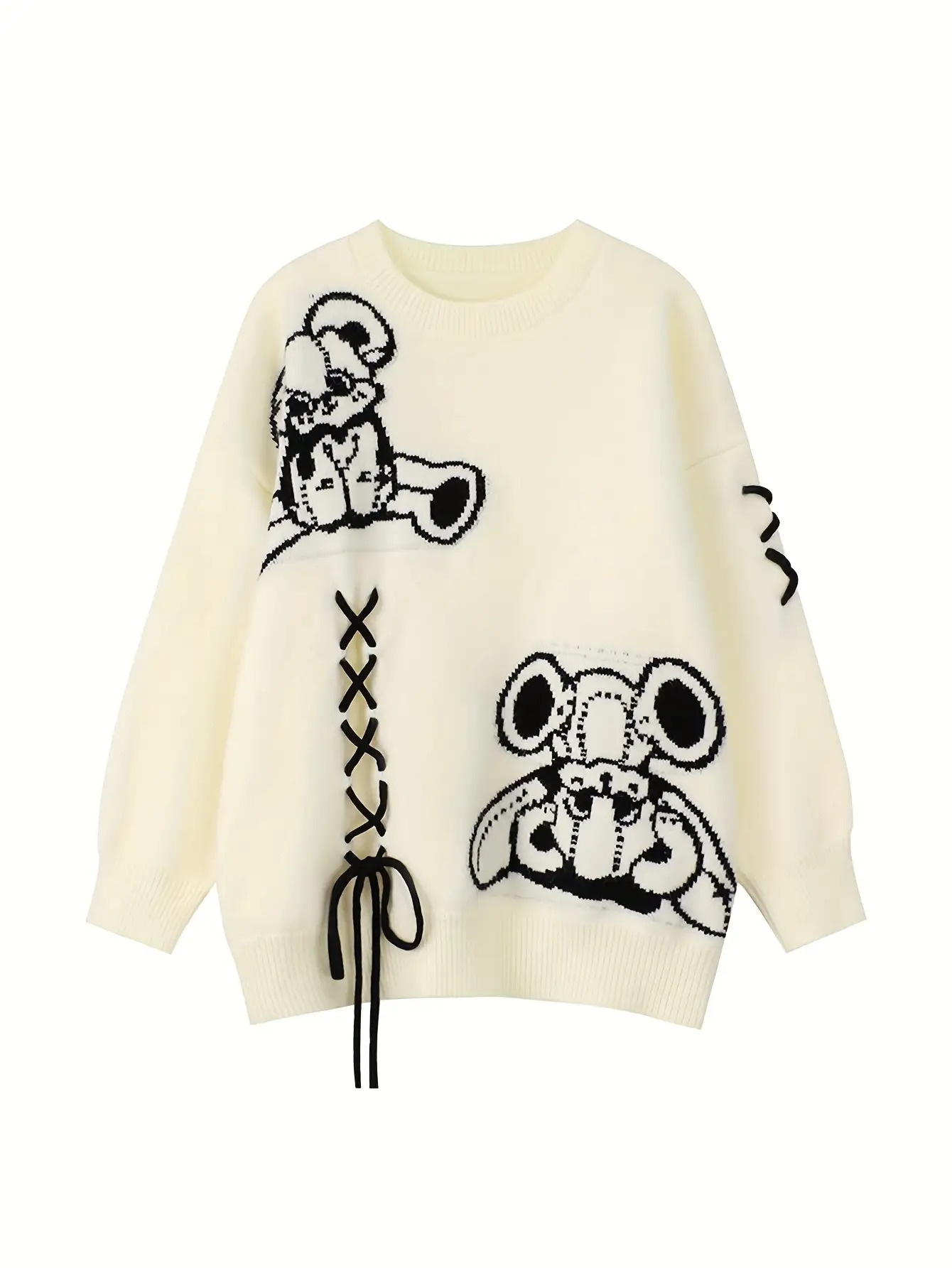 【全店通用25％OFFクーポン】【編み上げ】ニットセーターレディースくまクマ柄アニマルトップスプルオーバーレースアップリボンクルーネック丸首長袖厚手暖かいゆったり大きいサイズビッグシルエット韓国韓国ファッション学院風カジュア｜大森麗萱