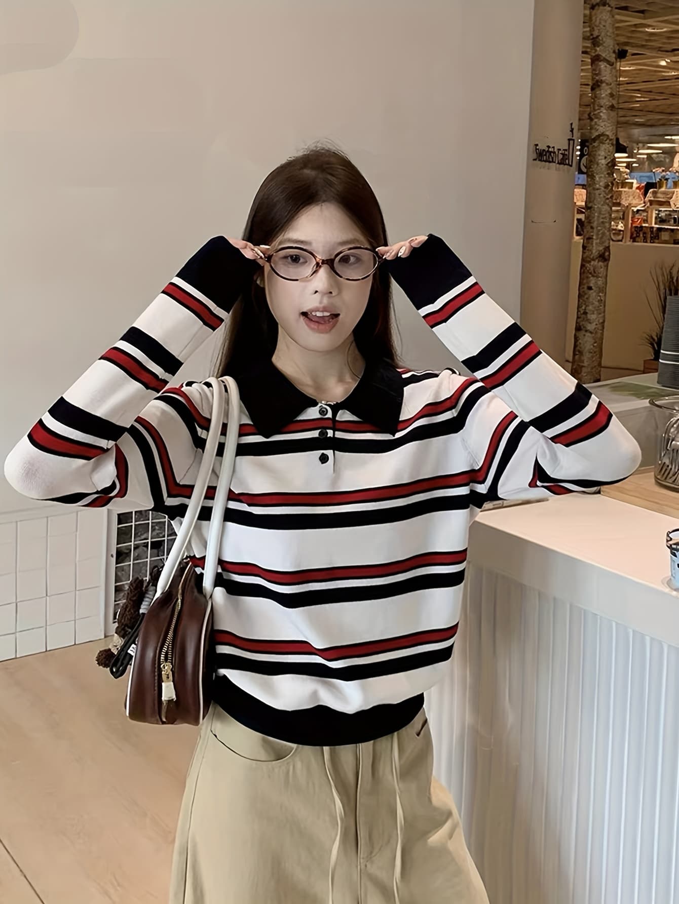 【今日このごろ押さえる、超買得30％OFF引き換え証、2度潮どき皆無】【韓国流行り物】間借り人 編み物 レディース スポーツシャツ 長袖 ポロ襟 プルオーバー 縞模様 マルチ間借り人 トップス カットソー 襟付き添い人 二分の一名取り草 ゆったり 体型取りまかなう 二の腕取りまかなう