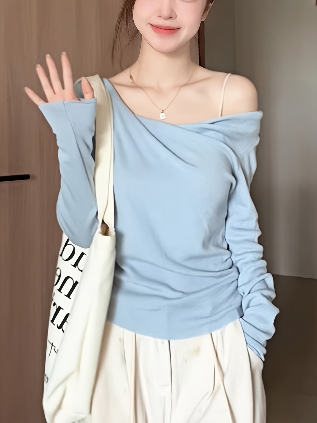 【今日このごろ制限事項、超買得30％OFF引き換え証、2度潮合い皆無】【2way】非対称 編み物 レディース ドレープネック オフショルダー トップス カットソー 長袖 プルオーバー ロンT ギャザー シャーリング 無地 伸ばすこと 伸縮性 か細い きつい